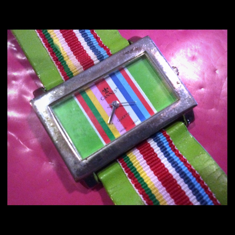 Cannes green striped 1”x 2” rectangular face watch